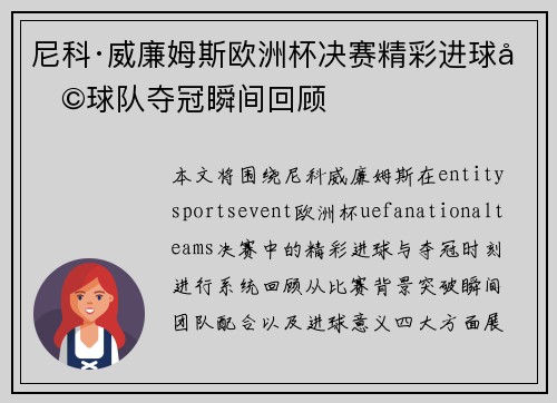 尼科·威廉姆斯欧洲杯决赛精彩进球助球队夺冠瞬间回顾