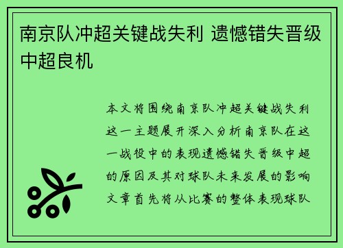 南京队冲超关键战失利 遗憾错失晋级中超良机